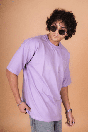 Men in Magenta Colour Oversized Stitch T-Shirt with sunglasses