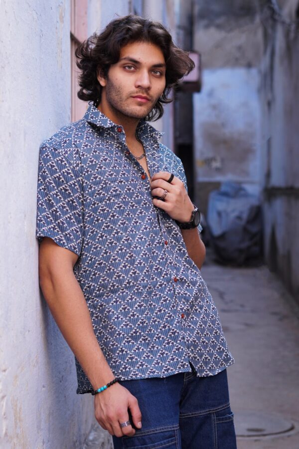 INDIGO Printed Cotton Half Sleeve Shirt - Image 2