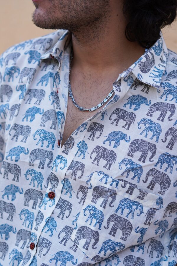 Grey-Blue Elephant Cotton Printed Half Sleeve Shirt - Image 3