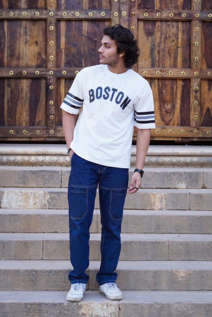 White Boston Cotton Oversized Back Print T-shirt
