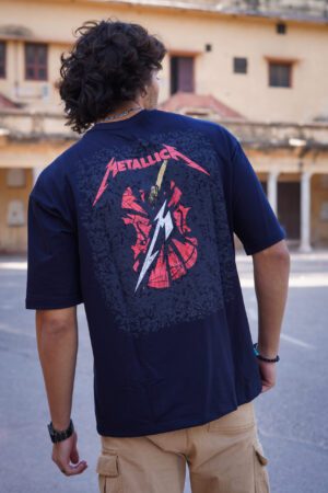 METALLICA Dark Blue Cotton Oversized Back Print T-shirt