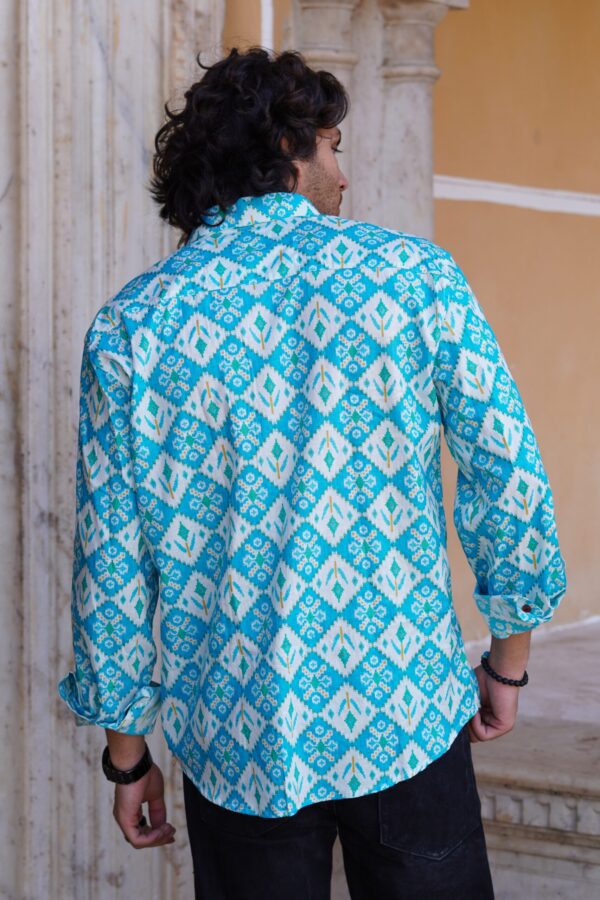 White And Sky Blue Block Printed Cotton Full Sleeve Shirt - Image 4