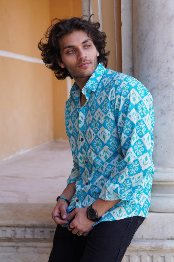 White And Sky Blue Block Printed Cotton Full Sleeve Shirt - Image 2