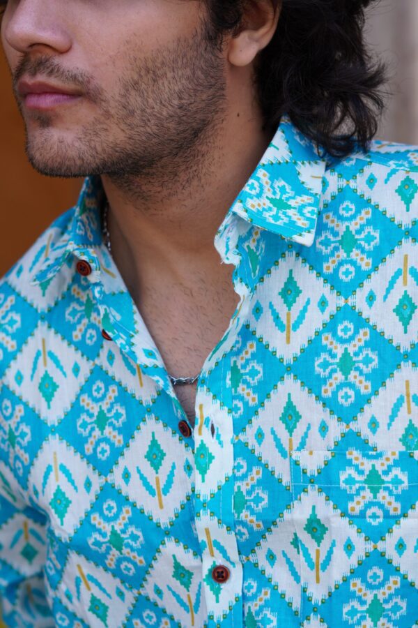 White And Sky Blue Block Printed Cotton Full Sleeve Shirt - Image 3