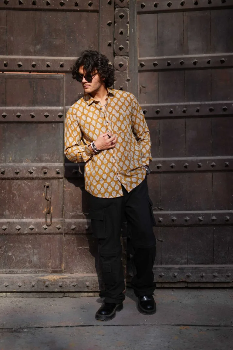 Golden Color & White Leaf Printed Full Sleeve Cotton Shirt