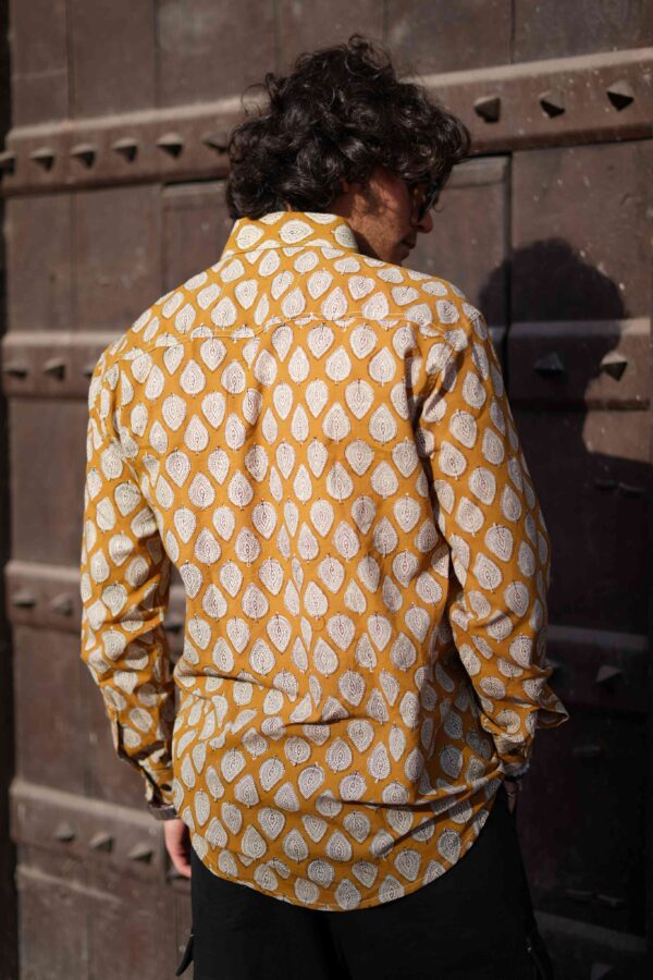 Golden Color & White Leaf Printed Full Sleeve Cotton Shirt