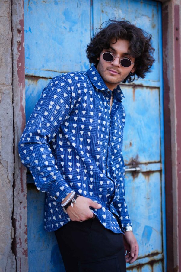 Blue Handblock Printed Full Sleeve Cotton Shirt