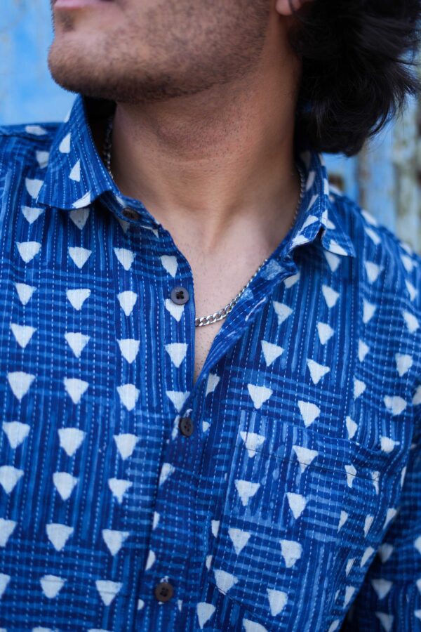 Blue Handblock Printed Full Sleeve Cotton Shirt