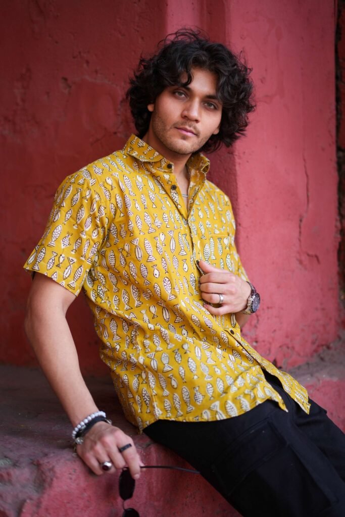 Fish Hand Block Printed Half Sleeve Cotton Shirt