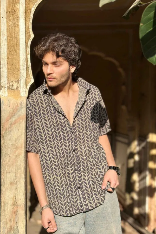 Hand Block Black Leaf Printed Half Sleeve Grey Shirt4