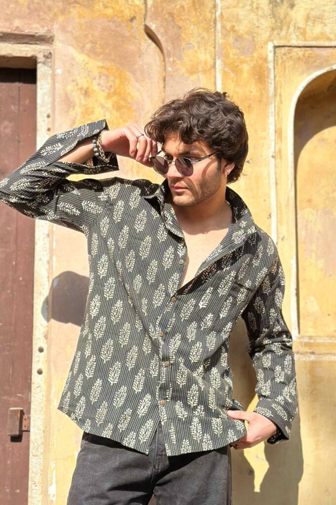 Men in White Tree Printed Full Sleeve Black Shirt with black pant