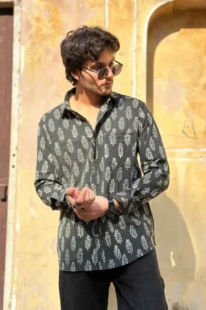 White Tree Printed Full Sleeve Black Shirt