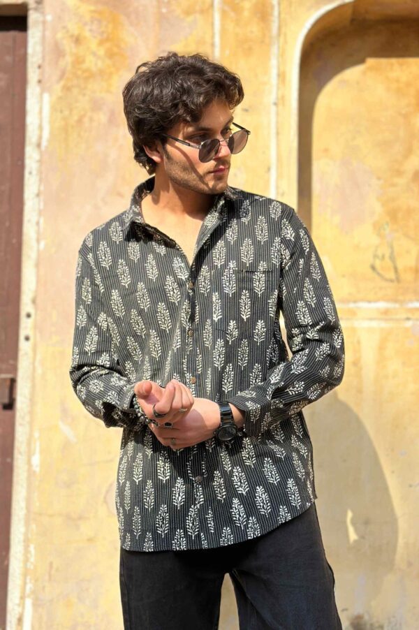 Men in White Tree Printed Full Sleeve Black Shirt with black pant
