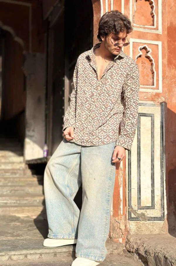 Mens Multicoloured Geometric Printed Full Sleeve Casual Shirt (Brown, Beige) with pant