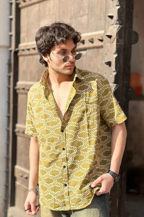 Mens Rajasthani Design Printed Half Sleeve Cotton Shirt (Yellow, Brown)_